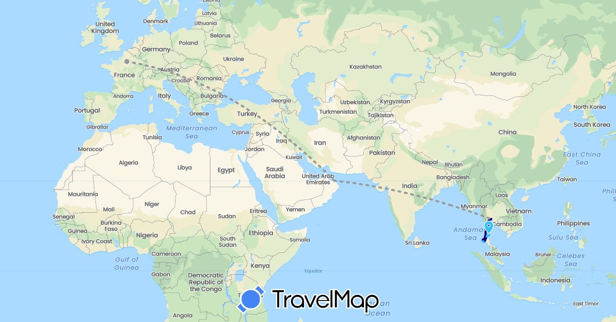 TravelMap itinerary: driving, plane, boat in France, Oman, Thailand (Asia, Europe)